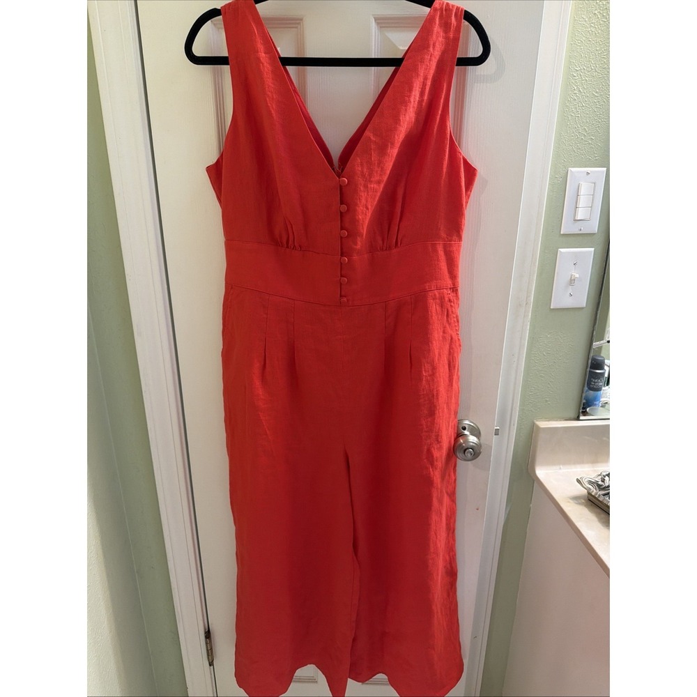 Boden Linen Jumpsuit Romper Wide Leg Red Pockets V-neck Buttons Sleeveless Sz 10